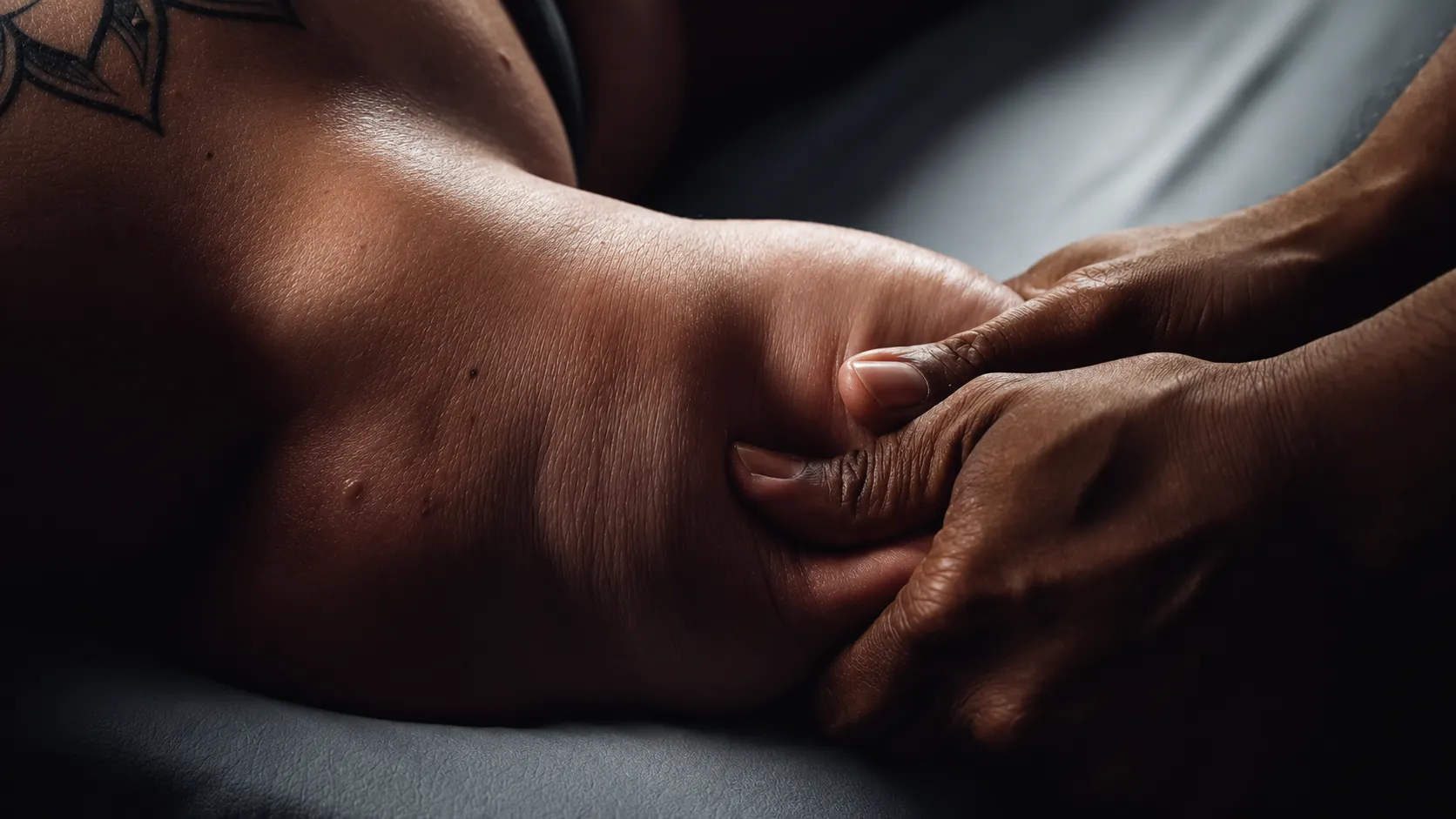 Close-up of a deep tissue massage technique — hands digging into muscle tissue for pain relief and tension release